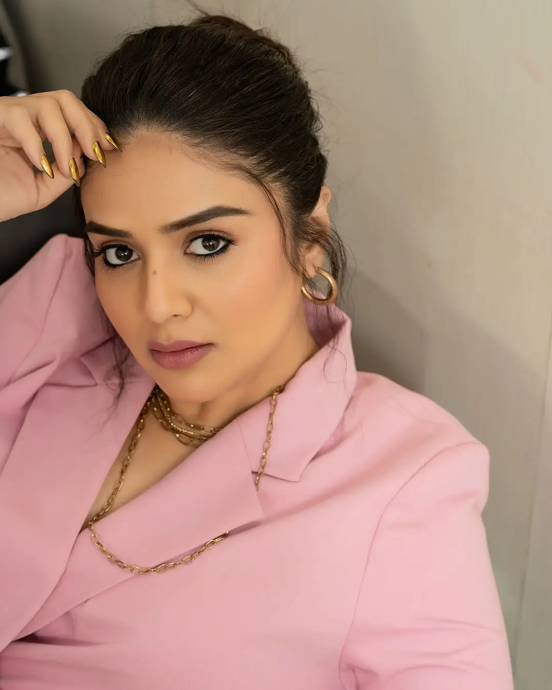 Gemini TV Anchor Sreemukhi Stills In Pink Coat Blue Jeans